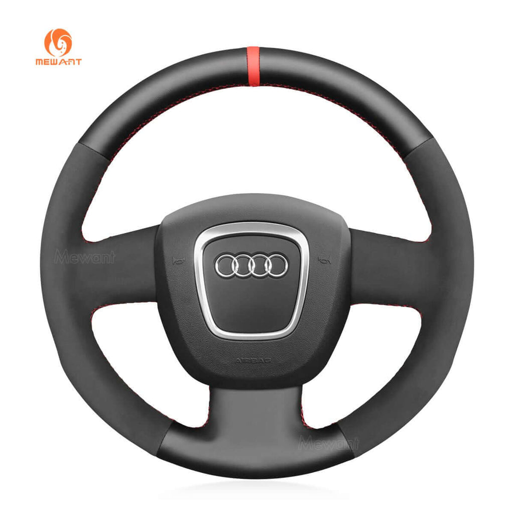 MEWANT Hand Stitch Black Leather Car Steering Wheel Cover for Audi A3 (8P) Sportback A4 (B7) Avant A6 (C6) S4 Seat Exeo 2009 - 2012 - Alcantara, Leather, Carbon Fiber, Easy Install, Non - Slip, Best Steering Wheel Cover