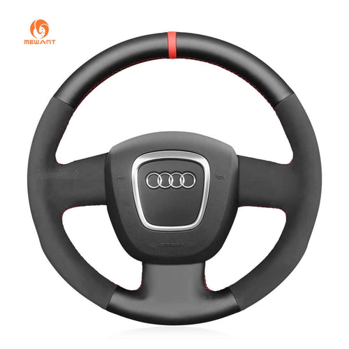 MEWANT Hand Stitch Black Leather Car Steering Wheel Cover for Audi A3 (8P) Sportback A4 (B7) Avant A6 (C6) S4 Seat Exeo 2009 - 2012 - Alcantara, Leather, Carbon Fiber, Easy Install, Non - Slip, Best Steering Wheel Cover