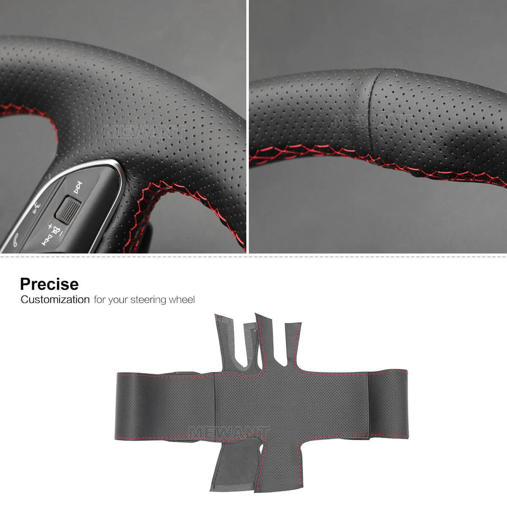 MEWANT Hand Stitch Black Leather Car Steering Wheel Cover for Audi Q3 2018 - 2019 Q5 SQ5 2017 - 2019 Q7 SQ7 2015 - 2019 Q8 SQ8 2018 - 2019 - Alcantara, Leather, Carbon Fiber, Easy Install, Non - Slip, Best Steering Wheel Cover