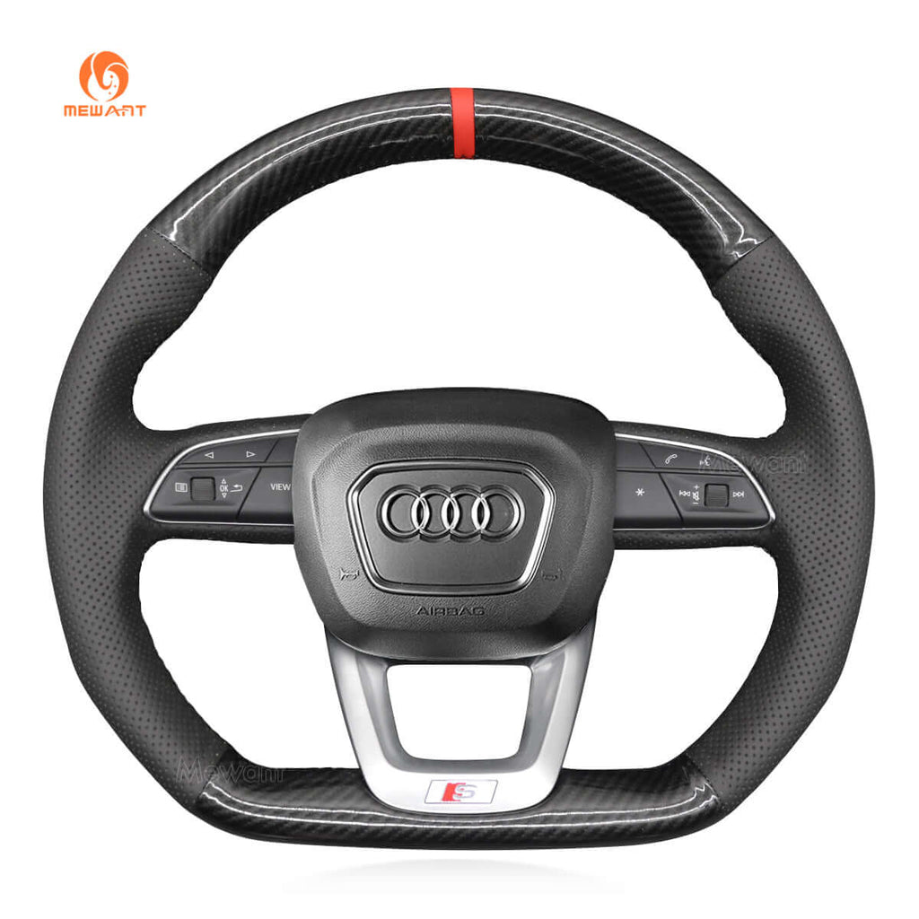 MEWANT Hand Stitch Black Leather Car Steering Wheel Cover for Audi Q3 2018 - 2019 Q5 SQ5 2017 - 2019 Q7 SQ7 2015 - 2019 Q8 SQ8 2018 - 2019 - Alcantara, Leather, Carbon Fiber, Easy Install, Non - Slip, Best Steering Wheel Cover
