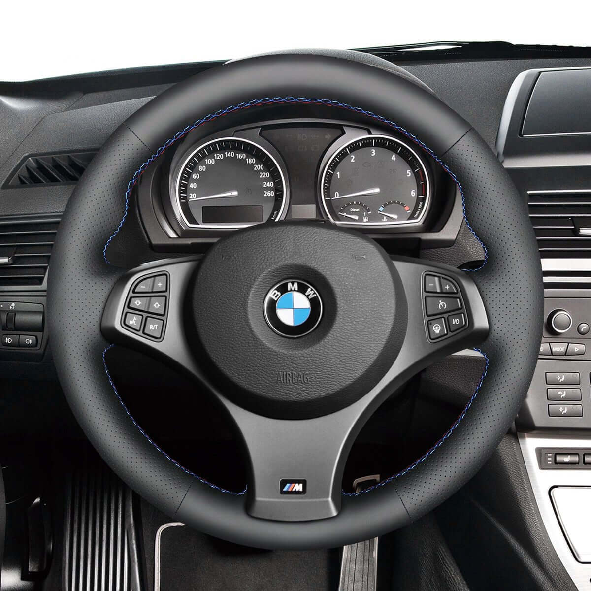 MEWANT Hand Stitch Black Leather Car Steering Wheel Cover for BMW X3 E83 2007 - 2010 - Alcantara, Leather, Carbon Fiber, Easy Install, Non - Slip, Best Steering Wheel Cover
