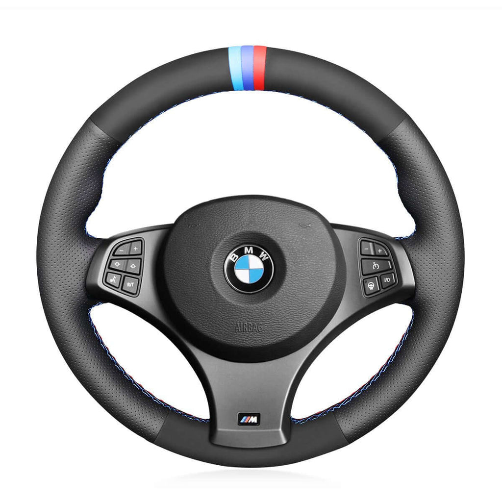 MEWANT Hand Stitch Black Leather Car Steering Wheel Cover for BMW X3 E83 2007 - 2010 - Alcantara, Leather, Carbon Fiber, Easy Install, Non - Slip, Best Steering Wheel Cover