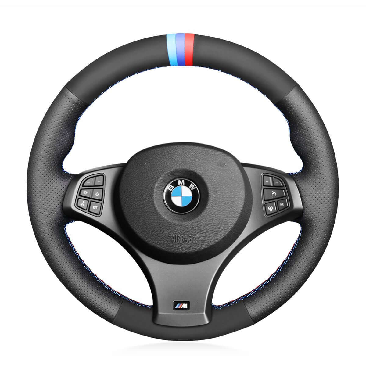MEWANT Hand Stitch Black Leather Car Steering Wheel Cover for BMW X3 E83 2007 - 2010 - Alcantara, Leather, Carbon Fiber, Easy Install, Non - Slip, Best Steering Wheel Cover