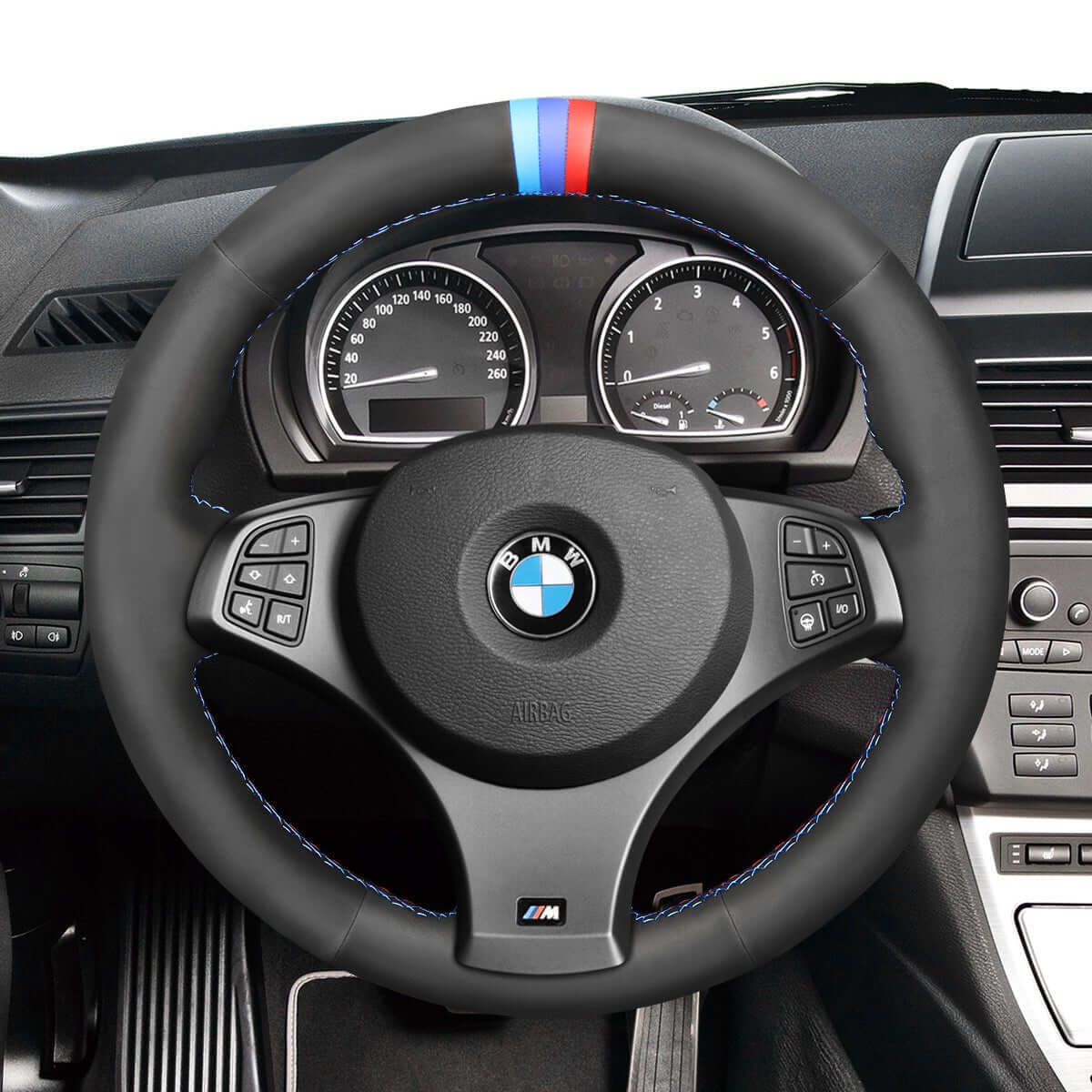 MEWANT Hand Stitch Black Leather Car Steering Wheel Cover for BMW X3 E83 2007 - 2010 - Alcantara, Leather, Carbon Fiber, Easy Install, Non - Slip, Best Steering Wheel Cover