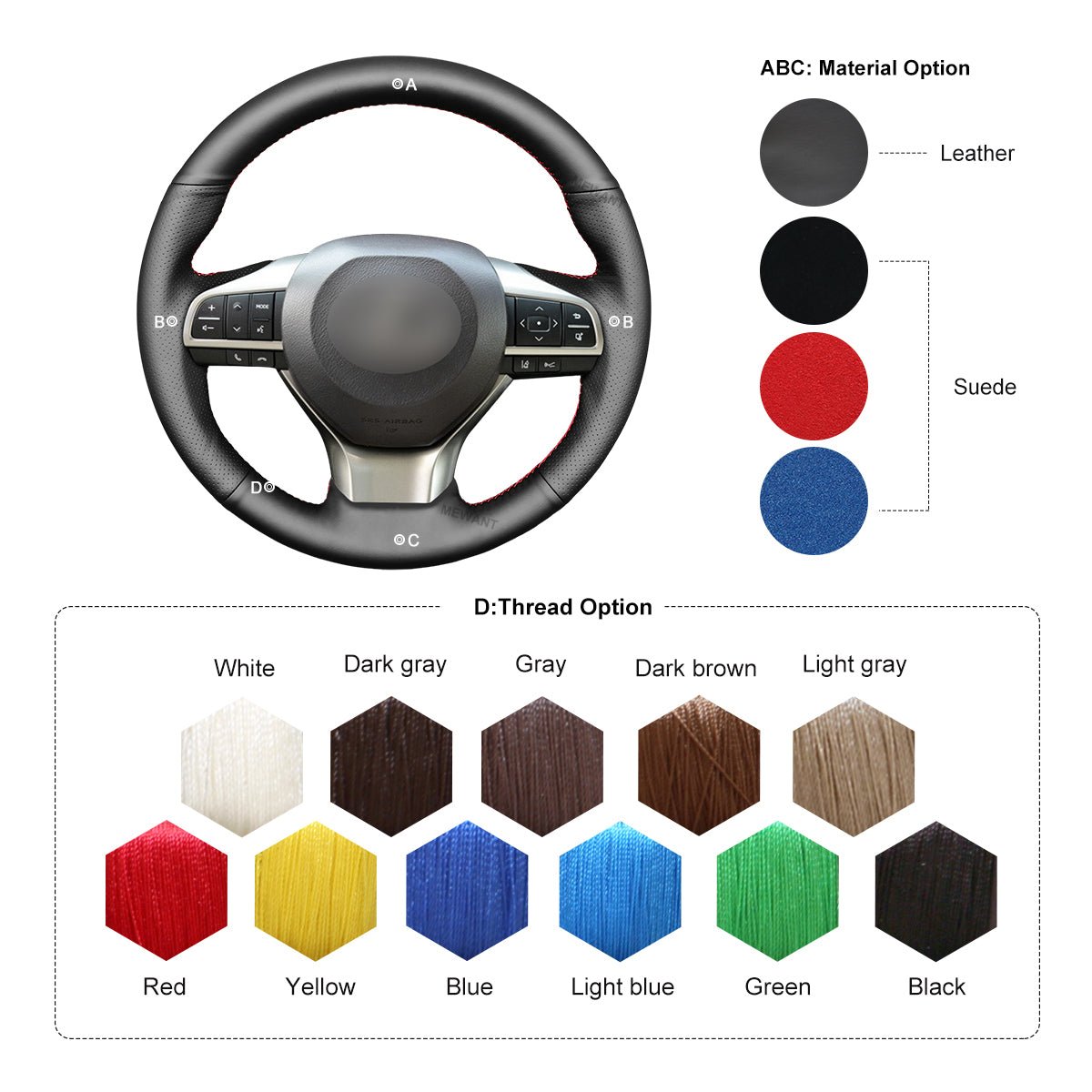 MEWANT Hand Stitch Black Leather Car Steering Wheel Cover for Lexus ES300h ES350 2016 - 2018 - Alcantara, Leather, Carbon Fiber, Easy Install, Non - Slip, Best Steering Wheel Cover
