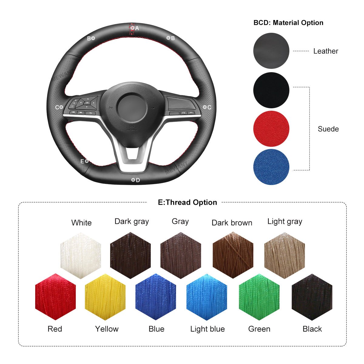 MEWANT Hand Stitch Black Leather Car Steering Wheel Cover for Nissan Qashqai X - Trail Juke Altima Leaf - Alcantara, Leather, Carbon Fiber, Easy Install, Non - Slip, Best Steering Wheel Cover