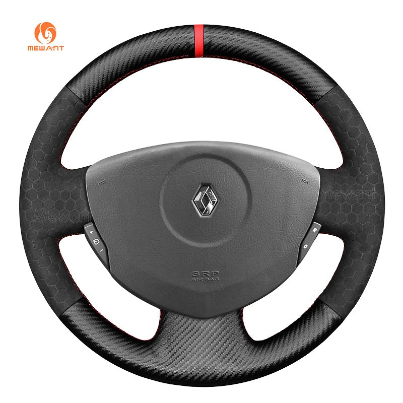 MEWANT Hand Stitch Black Leather Car Steering Wheel Cover for Renault Clio Twingo / for Dacia Sandero - Alcantara, Leather, Carbon Fiber, Easy Install, Non - Slip, Best Steering Wheel Cover