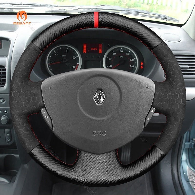MEWANT Hand Stitch Black Leather Car Steering Wheel Cover for Renault Clio Twingo / for Dacia Sandero - Alcantara, Leather, Carbon Fiber, Easy Install, Non - Slip, Best Steering Wheel Cover