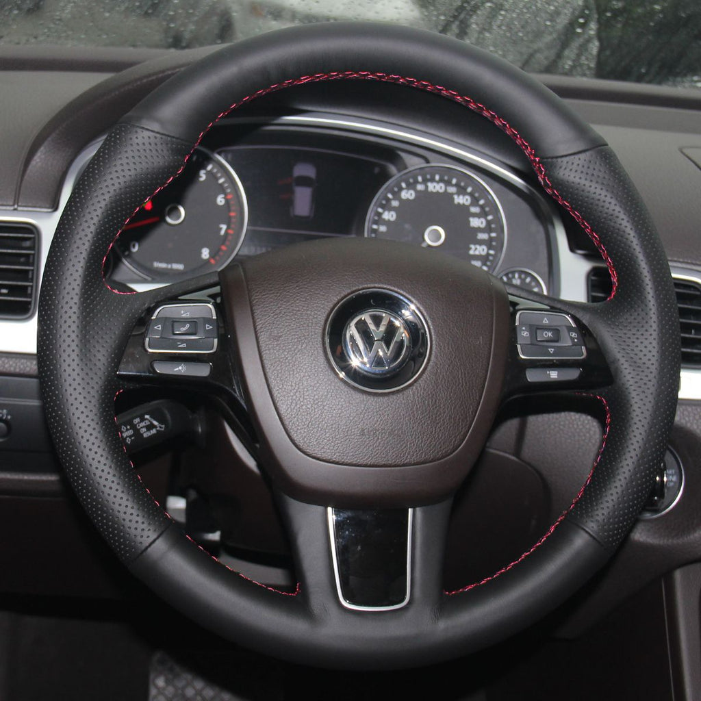 MEWANT Hand Stitch Black Leather Car Steering Wheel Cover for Volkswagen VW Touareg 2010 - 2018 - Alcantara, Leather, Carbon Fiber, Easy Install, Non - Slip, Best Steering Wheel Cover