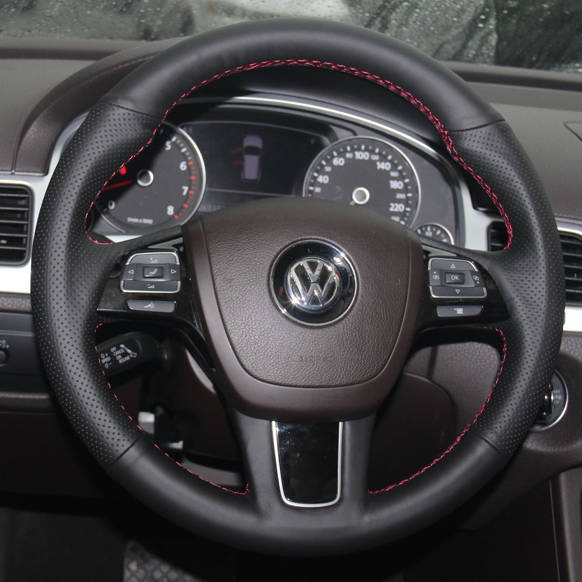 MEWANT Hand Stitch Black Leather Car Steering Wheel Cover for Volkswagen VW Touareg 2010 - 2018 - Alcantara, Leather, Carbon Fiber, Easy Install, Non - Slip, Best Steering Wheel Cover
