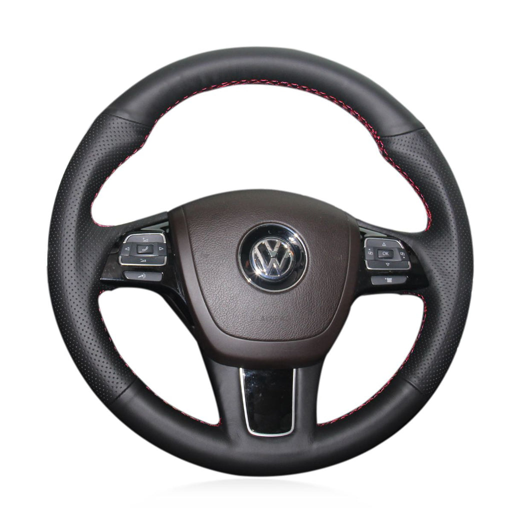 MEWANT Hand Stitch Black Leather Car Steering Wheel Cover for Volkswagen VW Touareg 2010 - 2018 - Alcantara, Leather, Carbon Fiber, Easy Install, Non - Slip, Best Steering Wheel Cover
