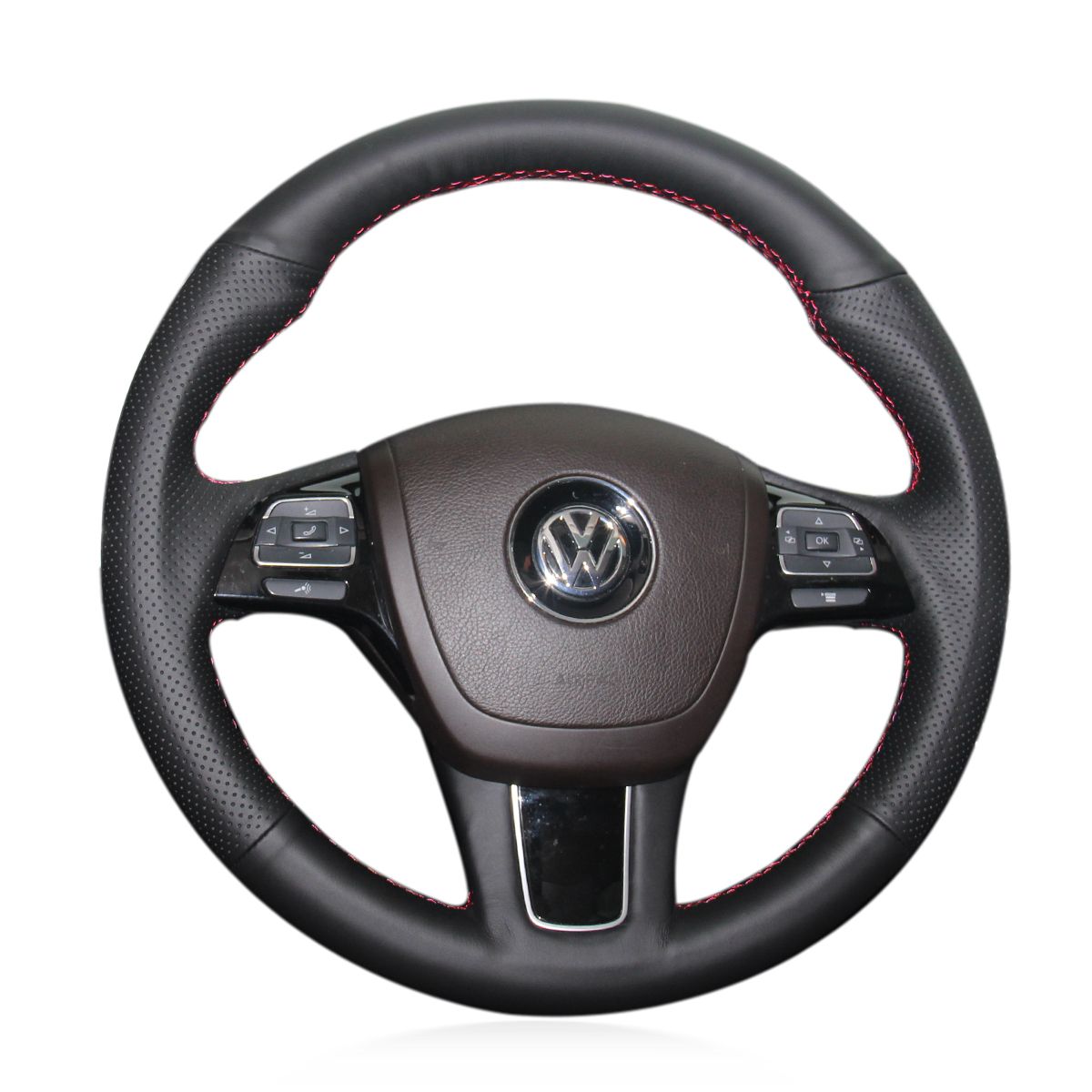 MEWANT Hand Stitch Black Leather Car Steering Wheel Cover for Volkswagen VW Touareg 2010 - 2018 - Alcantara, Leather, Carbon Fiber, Easy Install, Non - Slip, Best Steering Wheel Cover