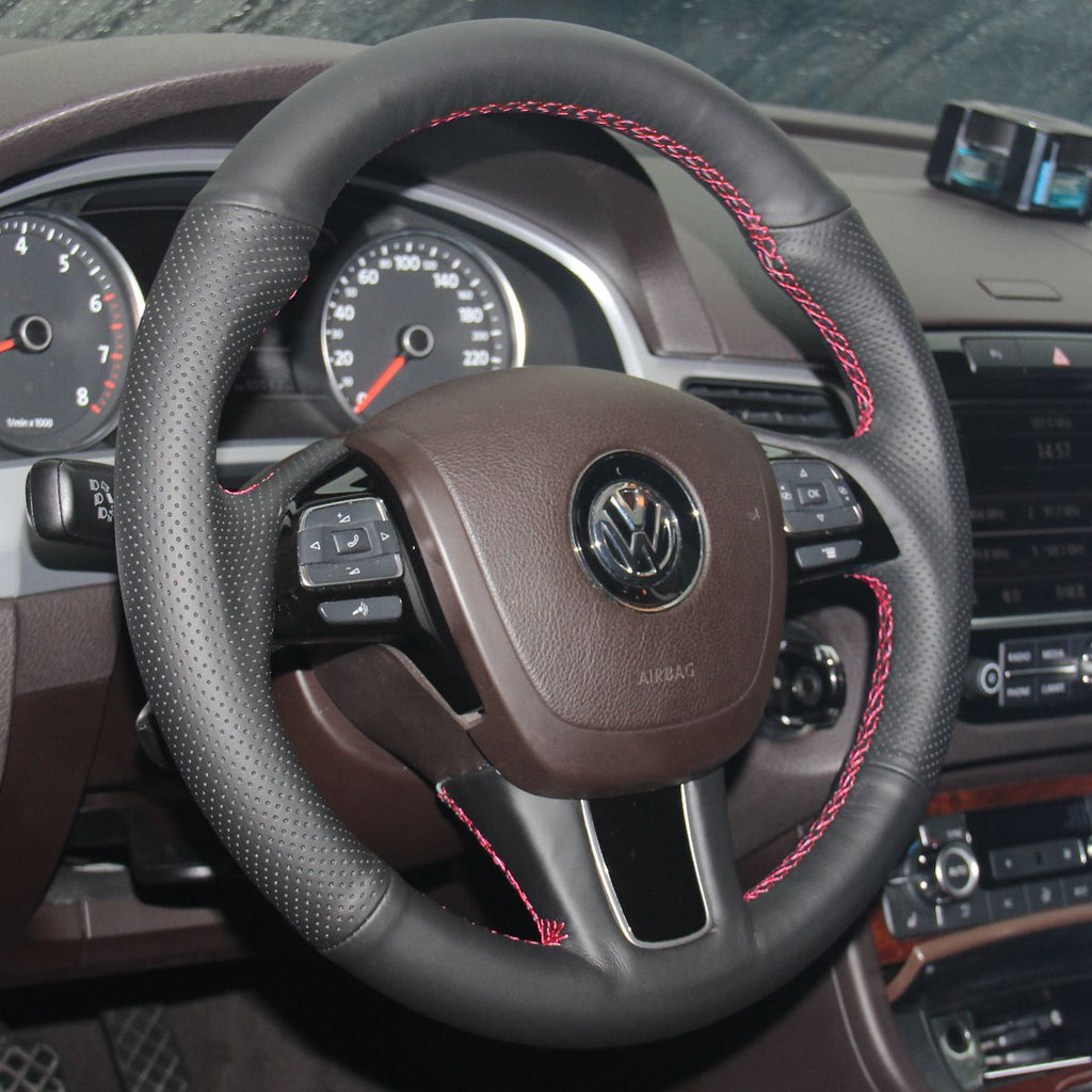 MEWANT Hand Stitch Black Leather Car Steering Wheel Cover for Volkswagen VW Touareg 2010 - 2018 - Alcantara, Leather, Carbon Fiber, Easy Install, Non - Slip, Best Steering Wheel Cover