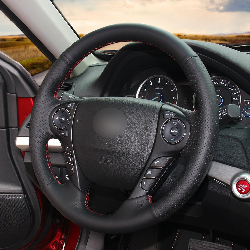 MEWANT Hand Stitch Black Leather Carbon Fiber Car Steering Wheel Cover for Honda Accord 9 Pilot Ridgeline Crosstour Odyssey - Alcantara, Leather, Carbon Fiber, Easy Install, Non - Slip, Best Steering Wheel Cover