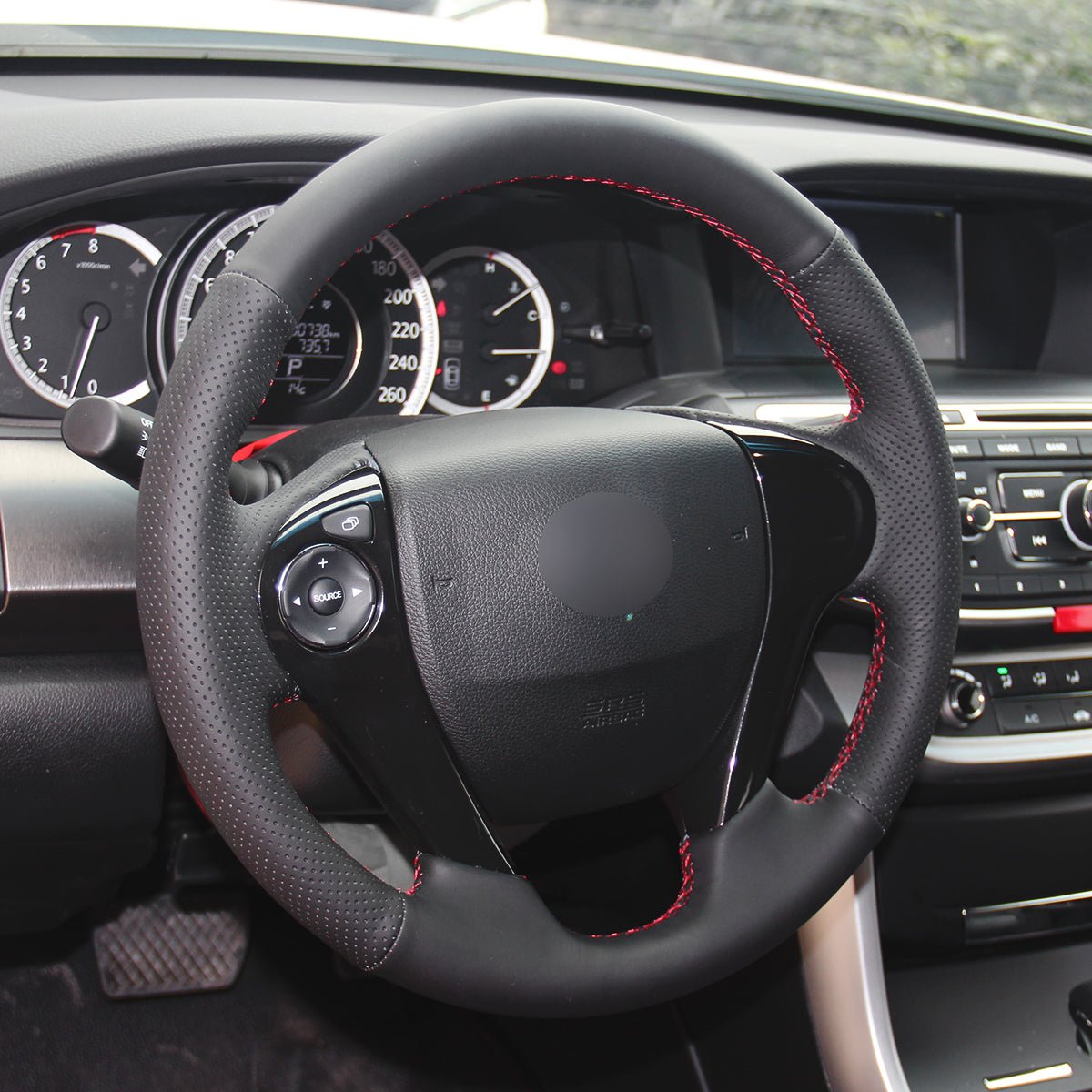 MEWANT Hand Stitch Black Leather Carbon Fiber Car Steering Wheel Cover for Honda Accord 9 Pilot Ridgeline Crosstour Odyssey - Alcantara, Leather, Carbon Fiber, Easy Install, Non - Slip, Best Steering Wheel Cover