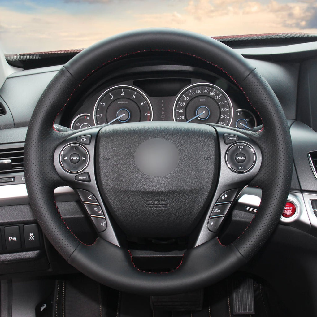 MEWANT Hand Stitch Black Leather Carbon Fiber Car Steering Wheel Cover for Honda Accord 9 Pilot Ridgeline Crosstour Odyssey - Alcantara, Leather, Carbon Fiber, Easy Install, Non - Slip, Best Steering Wheel Cover