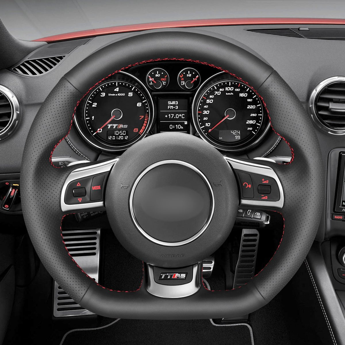 MEWANT Hand Stitch Black Leather Suede Car Steering Wheel Cover for Audi TT RS (8J) / RS 3 (8P) Sportback / RS 6 (C6) Avant / R8 (42) - Alcantara, Leather, Carbon Fiber, Easy Install, Non - Slip, Best Steering Wheel Cover