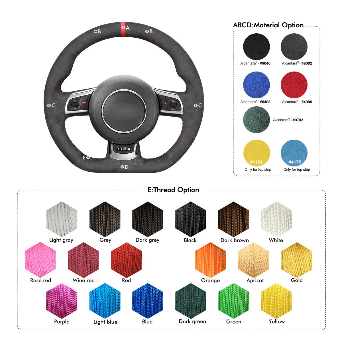 MEWANT Hand Stitch Black Leather Suede Car Steering Wheel Cover for Audi TT RS (8J) / RS 3 (8P) Sportback / RS 6 (C6) Avant / R8 (42) - Alcantara, Leather, Carbon Fiber, Easy Install, Non - Slip, Best Steering Wheel Cover