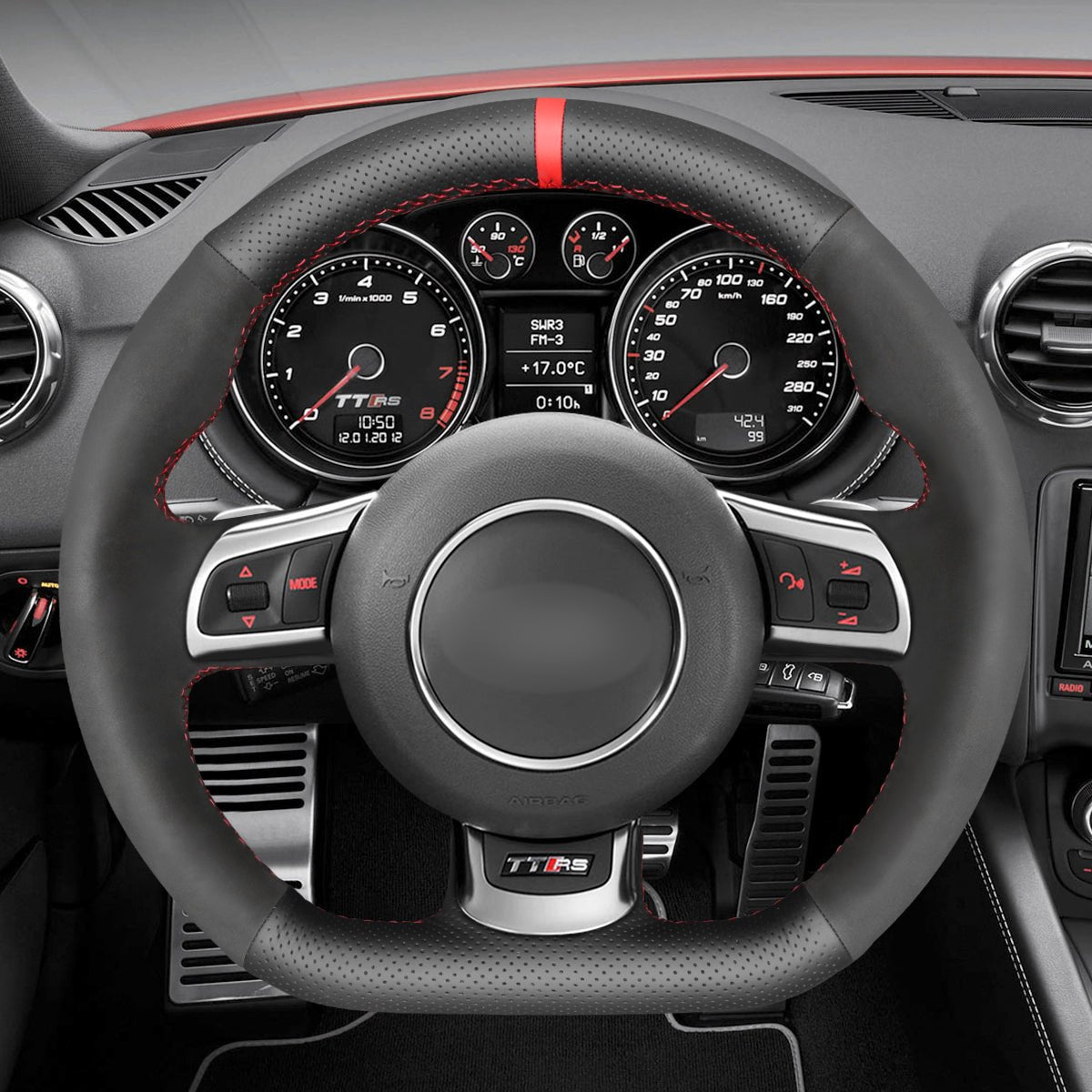 MEWANT Hand Stitch Black Leather Suede Car Steering Wheel Cover for Audi TT RS (8J) / RS 3 (8P) Sportback / RS 6 (C6) Avant / R8 (42) - Alcantara, Leather, Carbon Fiber, Easy Install, Non - Slip, Best Steering Wheel Cover