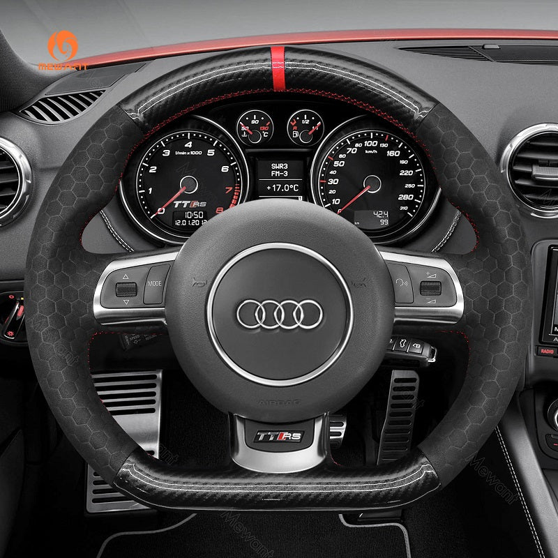 MEWANT Hand Stitch Black Leather Suede Car Steering Wheel Cover for Audi TT RS (8J) / RS 3 (8P) Sportback / RS 6 (C6) Avant / R8 (42) - Alcantara, Leather, Carbon Fiber, Easy Install, Non - Slip, Best Steering Wheel Cover