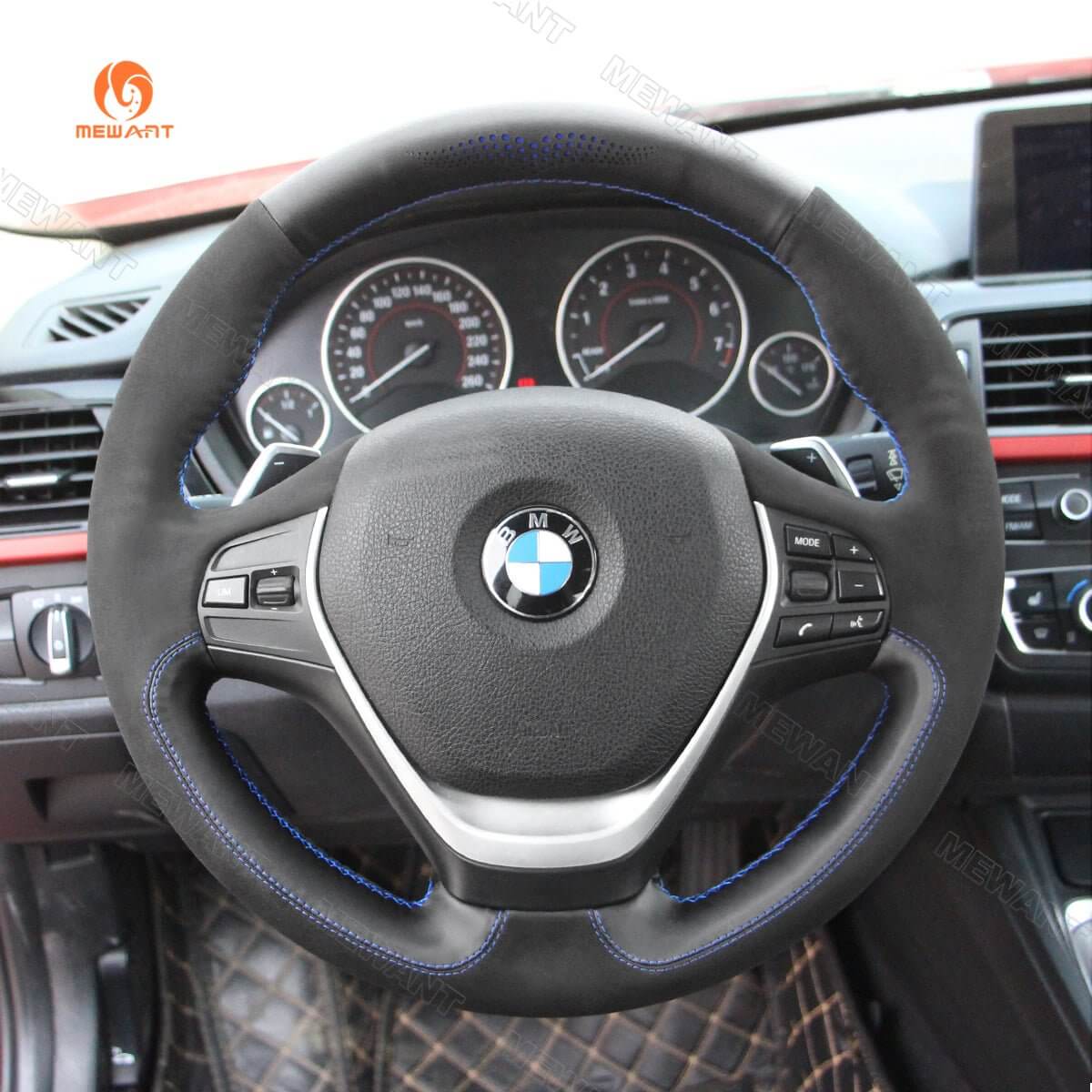MEWANT Hand Stitch Black Leather Suede Car Steering Wheel Cover for BMW F30 F31 F34 F20 F21 F22 F23 F32 F33 F34 F36 - Alcantara, Leather, Carbon Fiber, Easy Install, Non - Slip, Best Steering Wheel Cover