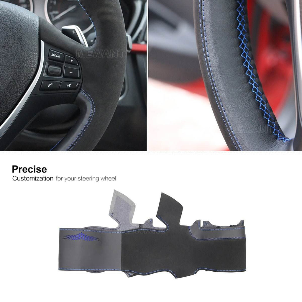 MEWANT Hand Stitch Black Leather Suede Car Steering Wheel Cover for BMW F30 F31 F34 F20 F21 F22 F23 F32 F33 F34 F36 - Alcantara, Leather, Carbon Fiber, Easy Install, Non - Slip, Best Steering Wheel Cover