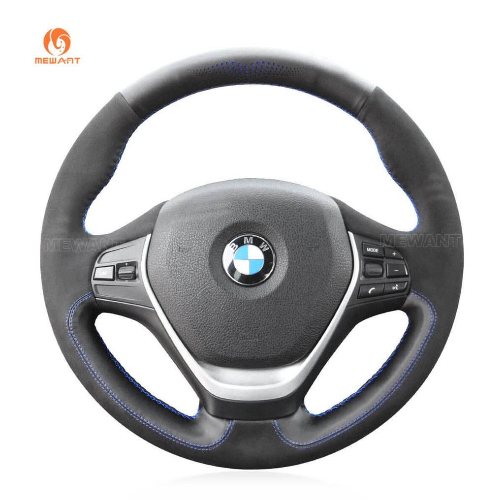 MEWANT Hand Stitch Black Leather Suede Car Steering Wheel Cover for BMW F30 F31 F34 F20 F21 F22 F23 F32 F33 F34 F36 - Alcantara, Leather, Carbon Fiber, Easy Install, Non - Slip, Best Steering Wheel Cover