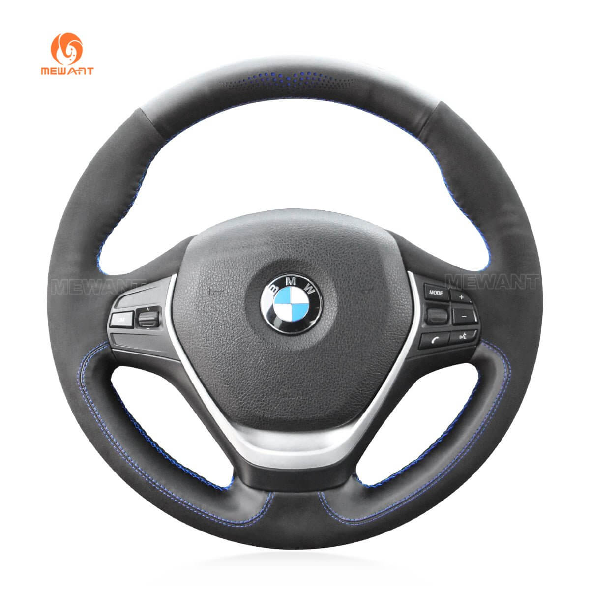 MEWANT Hand Stitch Black Leather Suede Car Steering Wheel Cover for BMW F30 F31 F34 F20 F21 F22 F23 F32 F33 F34 F36 - Alcantara, Leather, Carbon Fiber, Easy Install, Non - Slip, Best Steering Wheel Cover