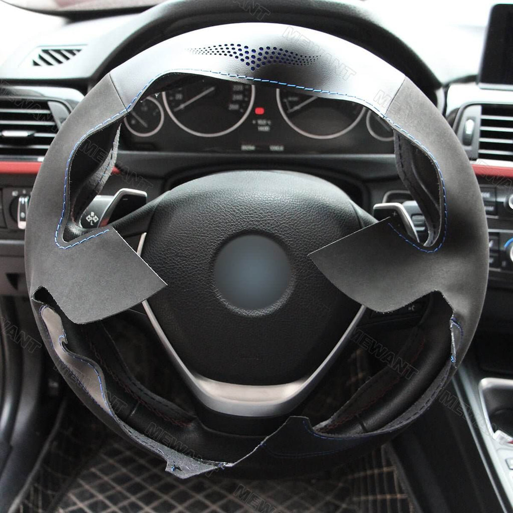 MEWANT Hand Stitch Black Leather Suede Car Steering Wheel Cover for BMW F30 F31 F34 F20 F21 F22 F23 F32 F33 F34 F36 - Alcantara, Leather, Carbon Fiber, Easy Install, Non - Slip, Best Steering Wheel Cover