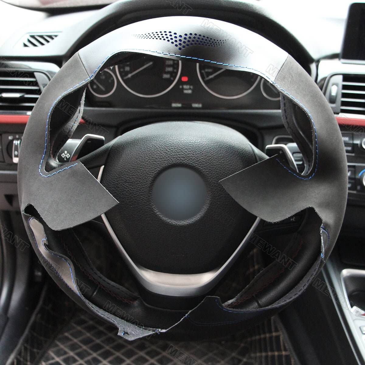 MEWANT Hand Stitch Black Leather Suede Car Steering Wheel Cover for BMW F30 F31 F34 F20 F21 F22 F23 F32 F33 F34 F36 - Alcantara, Leather, Carbon Fiber, Easy Install, Non - Slip, Best Steering Wheel Cover