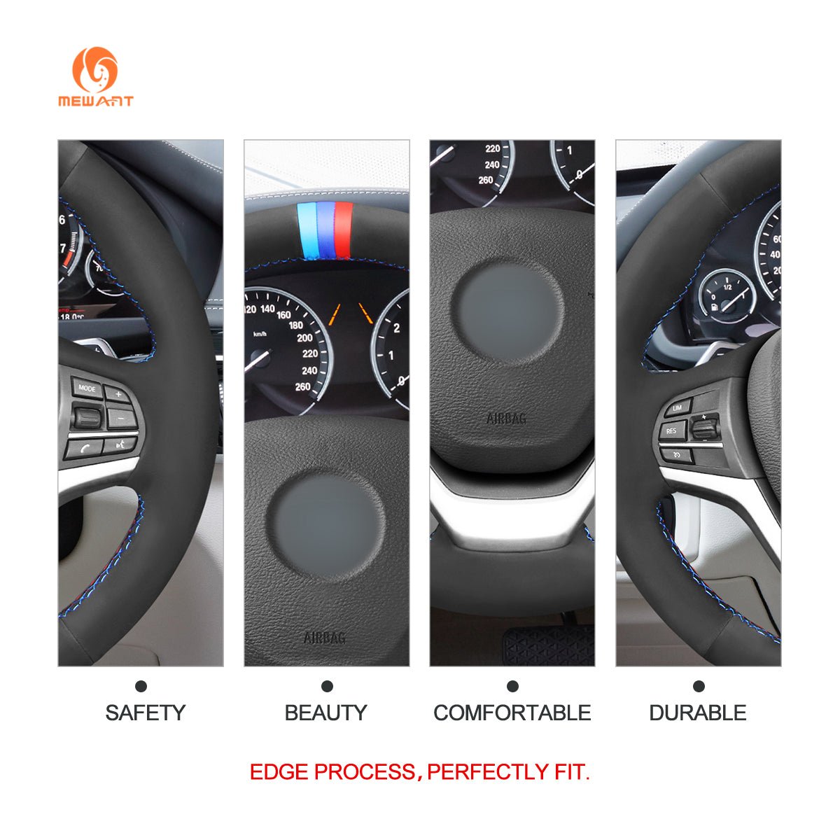 MEWANT Hand Stitch Black Leather Suede Car Steering Wheel Cover for BMW X5 F15 2013 - 2018 / X6 F16 2014 - 2019 - Alcantara, Leather, Carbon Fiber, Easy Install, Non - Slip, Best Steering Wheel Cover