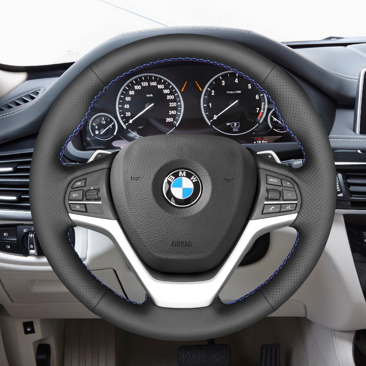 MEWANT Hand Stitch Black Leather Suede Car Steering Wheel Cover for BMW X5 F15 2013 - 2018 / X6 F16 2014 - 2019 - Alcantara, Leather, Carbon Fiber, Easy Install, Non - Slip, Best Steering Wheel Cover
