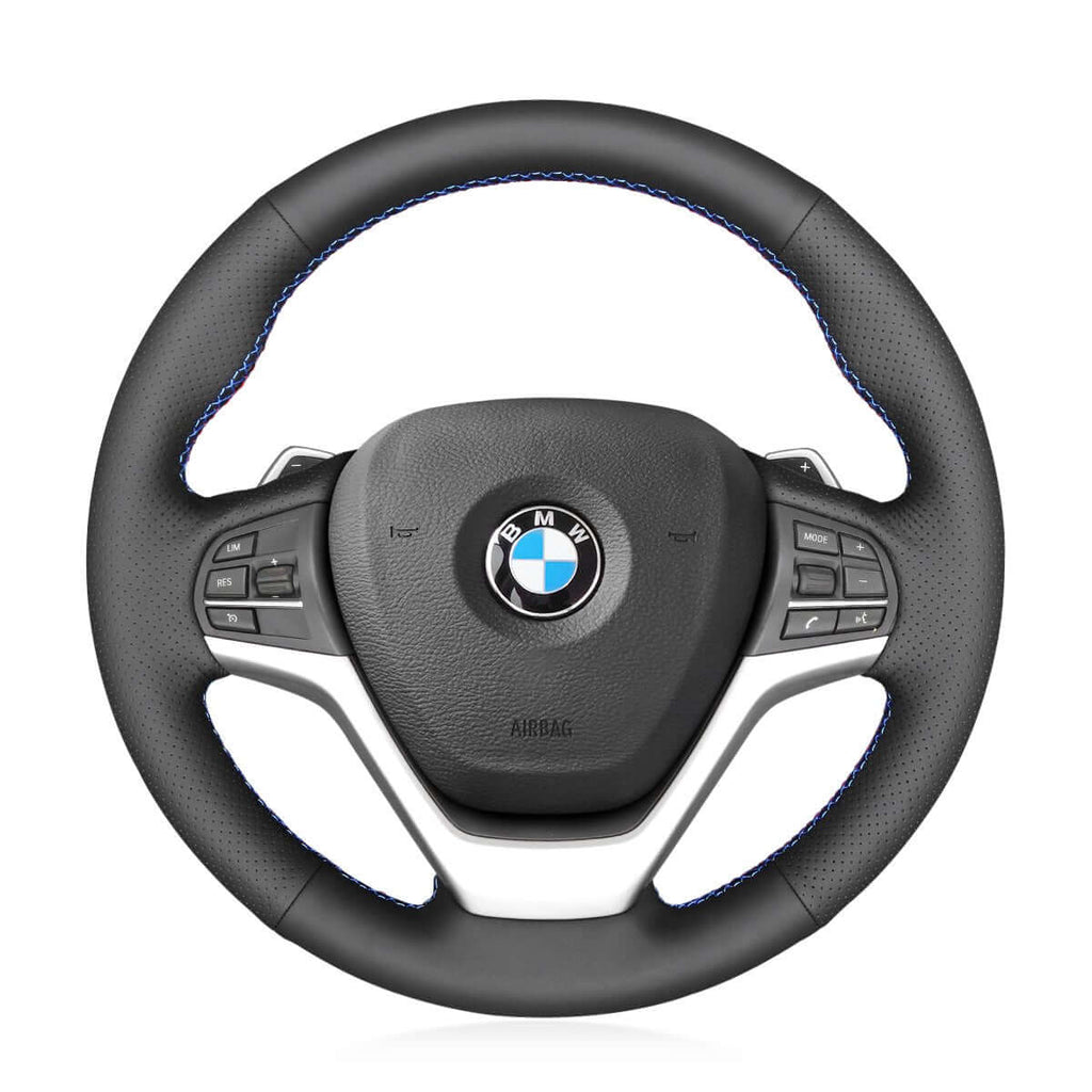 MEWANT Hand Stitch Black Leather Suede Car Steering Wheel Cover for BMW X5 F15 2013 - 2018 / X6 F16 2014 - 2019 - Alcantara, Leather, Carbon Fiber, Easy Install, Non - Slip, Best Steering Wheel Cover