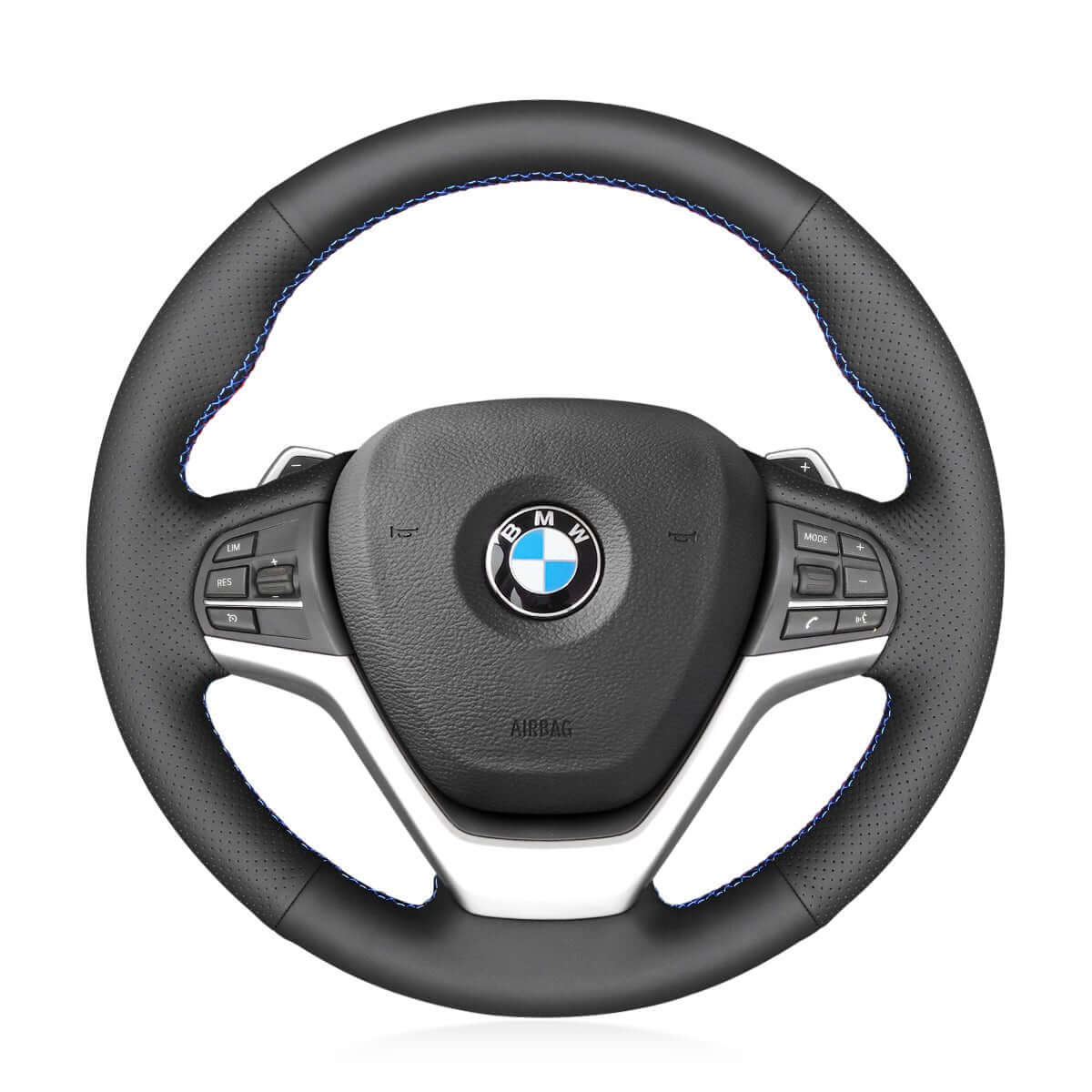 MEWANT Hand Stitch Black Leather Suede Car Steering Wheel Cover for BMW X5 F15 2013 - 2018 / X6 F16 2014 - 2019 - Alcantara, Leather, Carbon Fiber, Easy Install, Non - Slip, Best Steering Wheel Cover