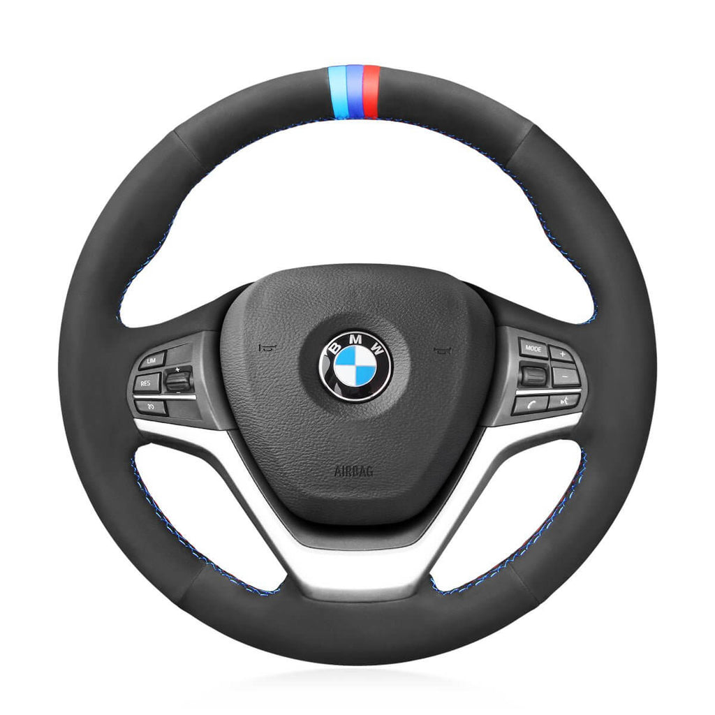 MEWANT Hand Stitch Black Leather Suede Car Steering Wheel Cover for BMW X5 F15 2013 - 2018 / X6 F16 2014 - 2019 - Alcantara, Leather, Carbon Fiber, Easy Install, Non - Slip, Best Steering Wheel Cover