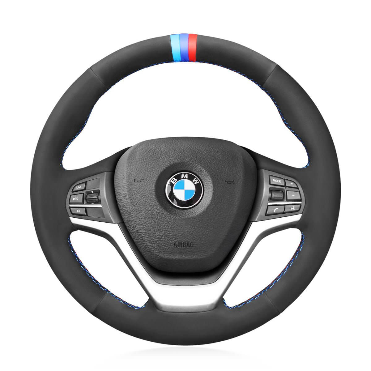 MEWANT Hand Stitch Black Leather Suede Car Steering Wheel Cover for BMW X5 F15 2013 - 2018 / X6 F16 2014 - 2019 - Alcantara, Leather, Carbon Fiber, Easy Install, Non - Slip, Best Steering Wheel Cover
