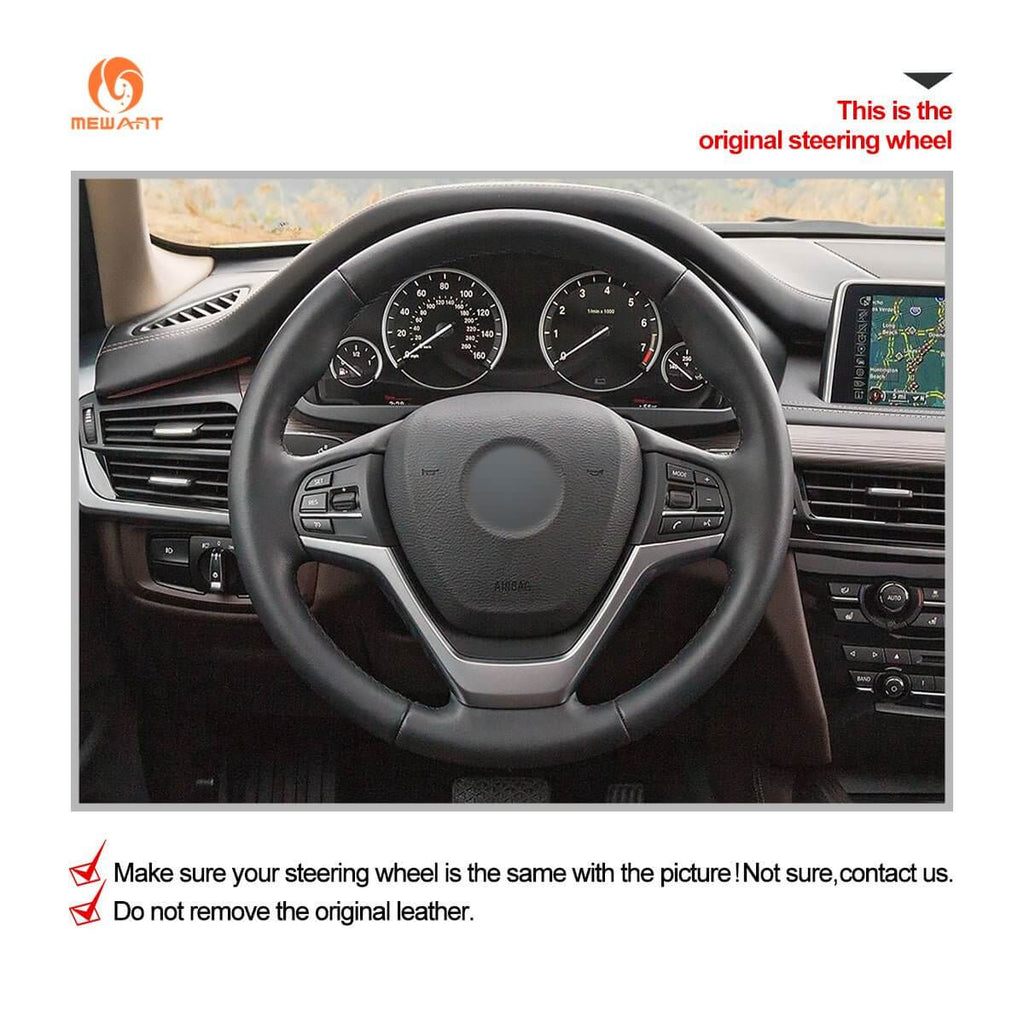MEWANT Hand Stitch Black Leather Suede Car Steering Wheel Cover for BMW X5 F15 2013 - 2018 / X6 F16 2014 - 2019 - Alcantara, Leather, Carbon Fiber, Easy Install, Non - Slip, Best Steering Wheel Cover