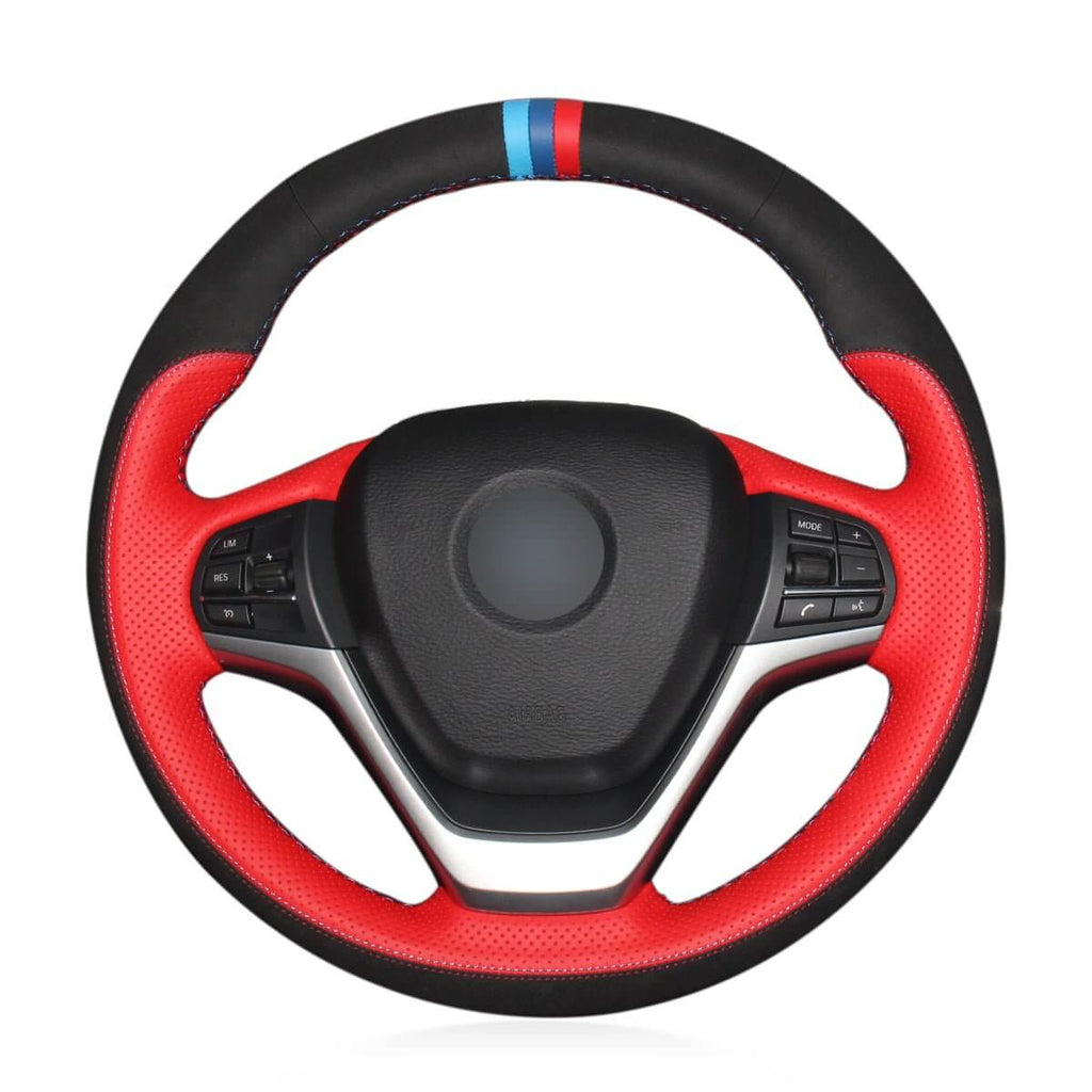 MEWANT Hand Stitch Black Leather Suede Car Steering Wheel Cover for BMW X5 F15 2013 - 2018 / X6 F16 2014 - 2019 - Alcantara, Leather, Carbon Fiber, Easy Install, Non - Slip, Best Steering Wheel Cover
