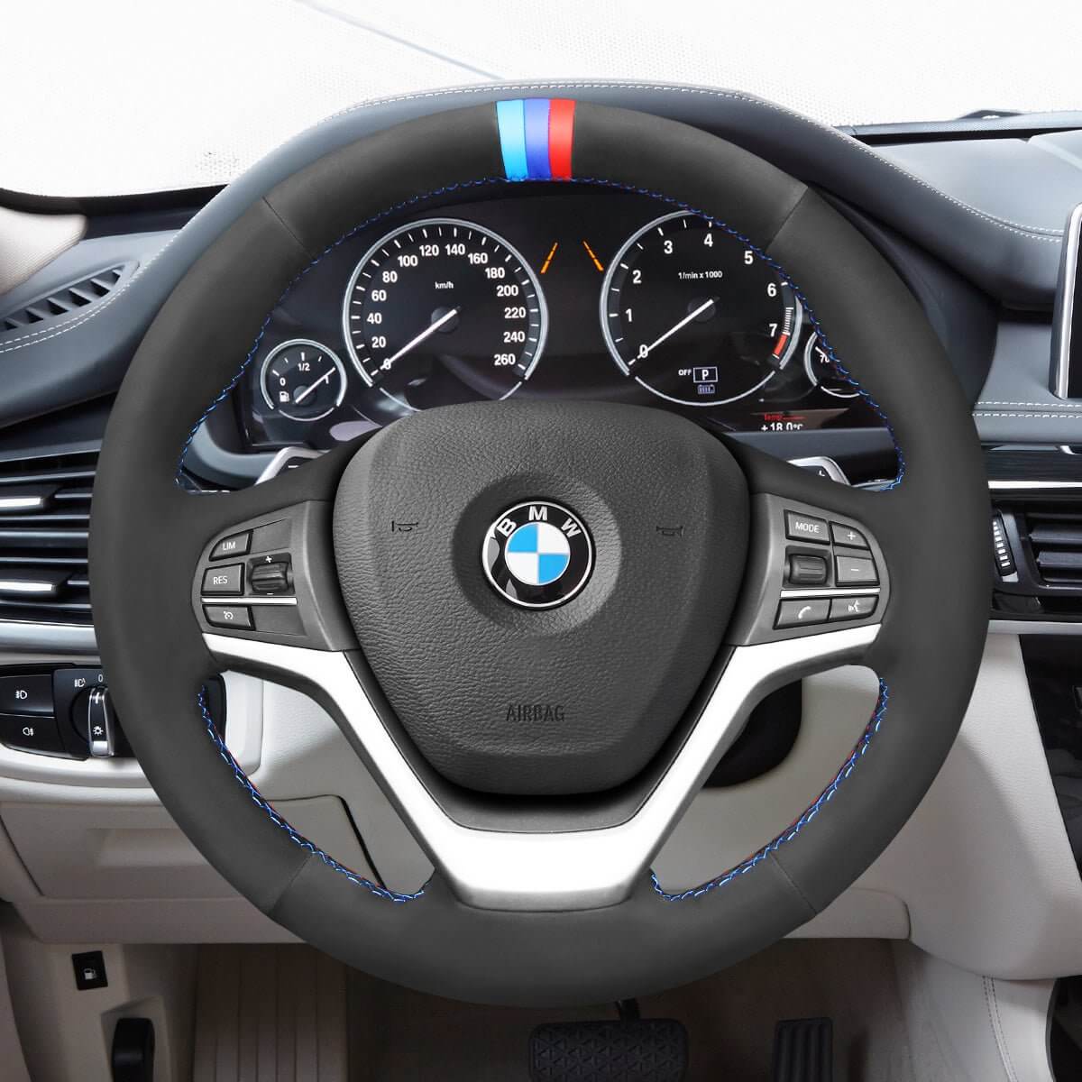 MEWANT Hand Stitch Black Leather Suede Car Steering Wheel Cover for BMW X5 F15 2013 - 2018 / X6 F16 2014 - 2019 - Alcantara, Leather, Carbon Fiber, Easy Install, Non - Slip, Best Steering Wheel Cover