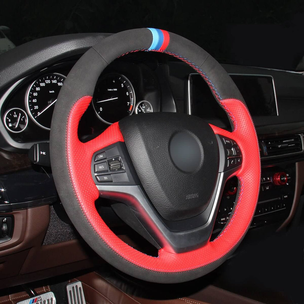 MEWANT Hand Stitch Black Leather Suede Car Steering Wheel Cover for BMW X5 F15 2013 - 2018 / X6 F16 2014 - 2019 - Alcantara, Leather, Carbon Fiber, Easy Install, Non - Slip, Best Steering Wheel Cover