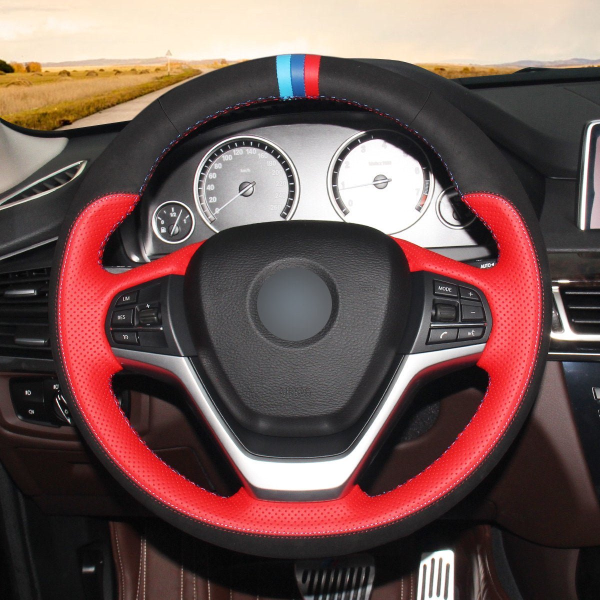 MEWANT Hand Stitch Black Leather Suede Car Steering Wheel Cover for BMW X5 F15 2013 - 2018 / X6 F16 2014 - 2019 - Alcantara, Leather, Carbon Fiber, Easy Install, Non - Slip, Best Steering Wheel Cover