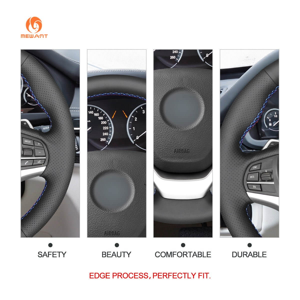 MEWANT Hand Stitch Black Leather Suede Car Steering Wheel Cover for BMW X5 F15 2013 - 2018 / X6 F16 2014 - 2019 - Alcantara, Leather, Carbon Fiber, Easy Install, Non - Slip, Best Steering Wheel Cover