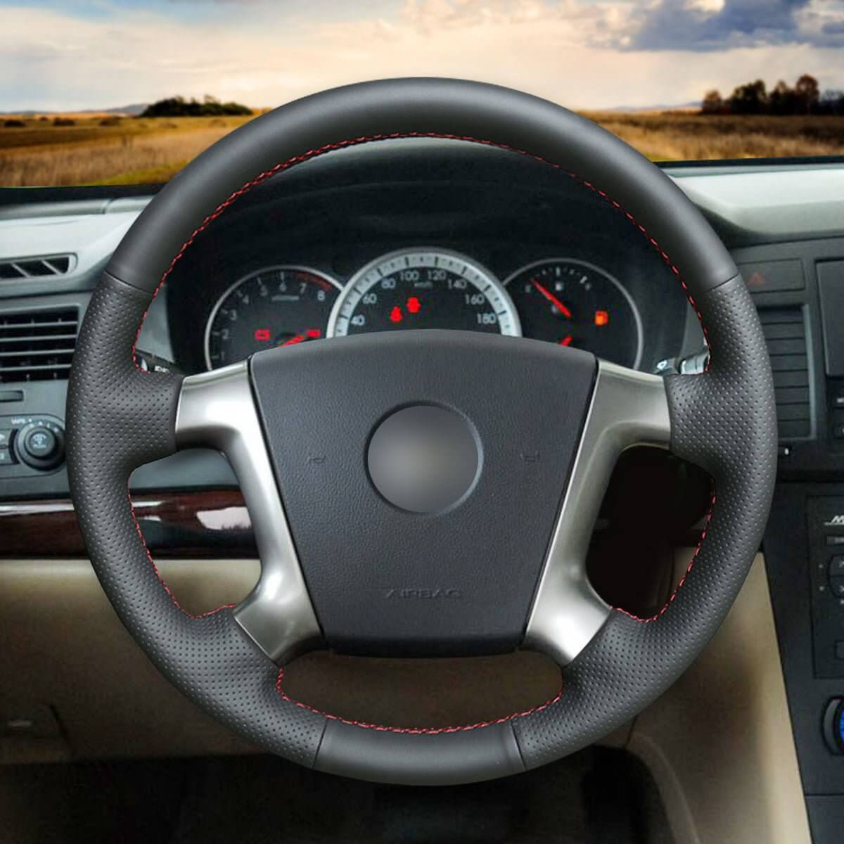 MEWANT Hand Stitch Black Leather Suede Car Steering Wheel Cover for Chevrolet Epica 2006 - 2011 / Holden Epica 2006 - 2010 - Alcantara, Leather, Carbon Fiber, Easy Install, Non - Slip, Best Steering Wheel Cover