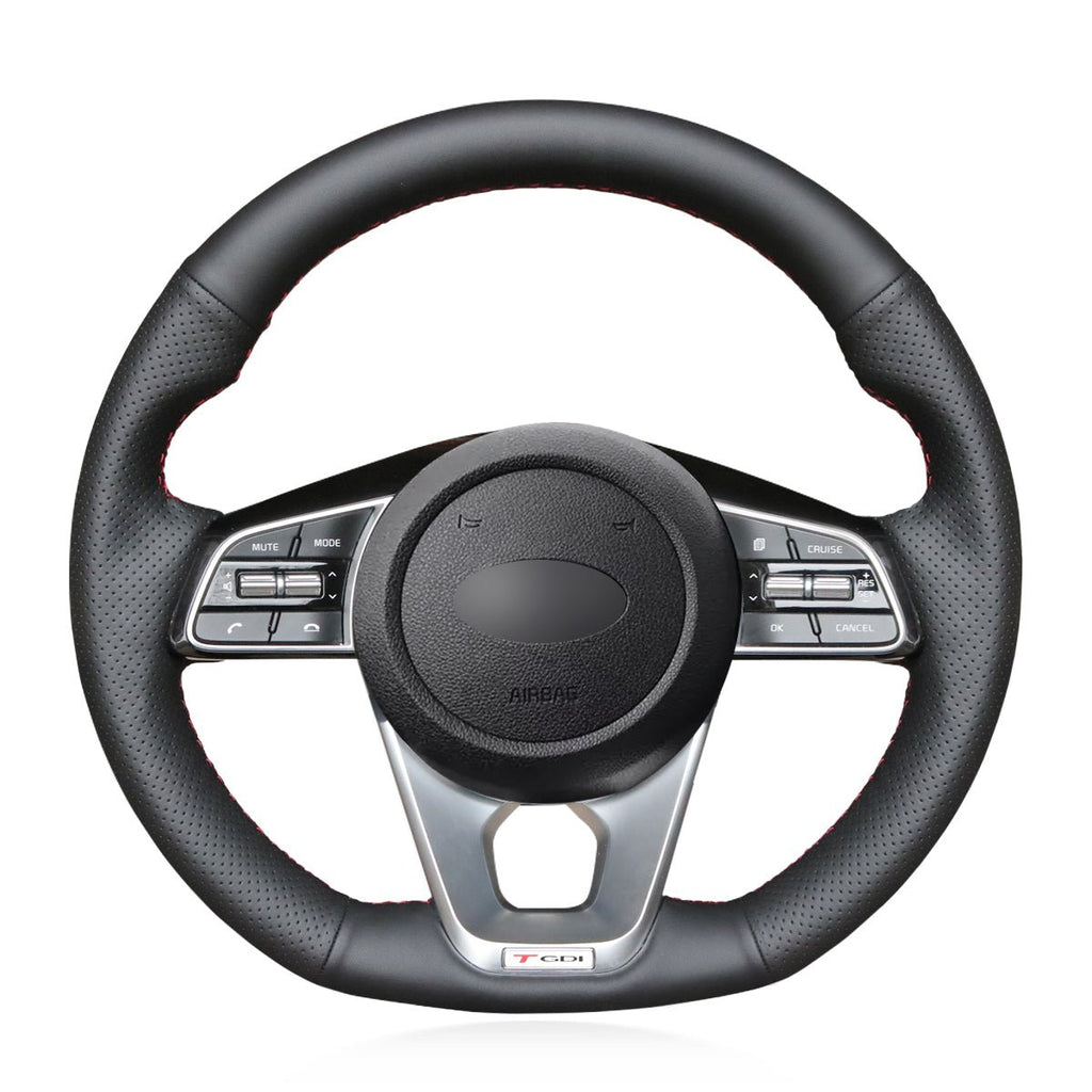 MEWANT Hand Stitch Black Leather Suede Car Steering Wheel Cover for Kia K5 Optima 2019 / Cee'd Ceed 2019 / Forte 2019 - Alcantara, Leather, Carbon Fiber, Easy Install, Non - Slip, Best Steering Wheel Cover