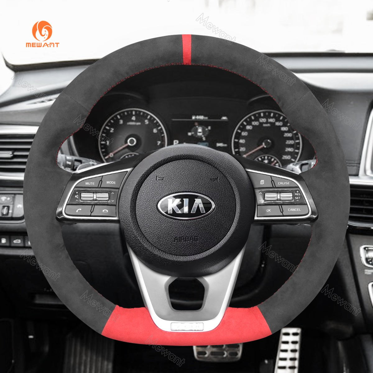 MEWANT Hand Stitch Black Leather Suede Car Steering Wheel Cover for Kia K5 Optima 2019 / Cee'd Ceed 2019 / Forte 2019 - Alcantara, Leather, Carbon Fiber, Easy Install, Non - Slip, Best Steering Wheel Cover