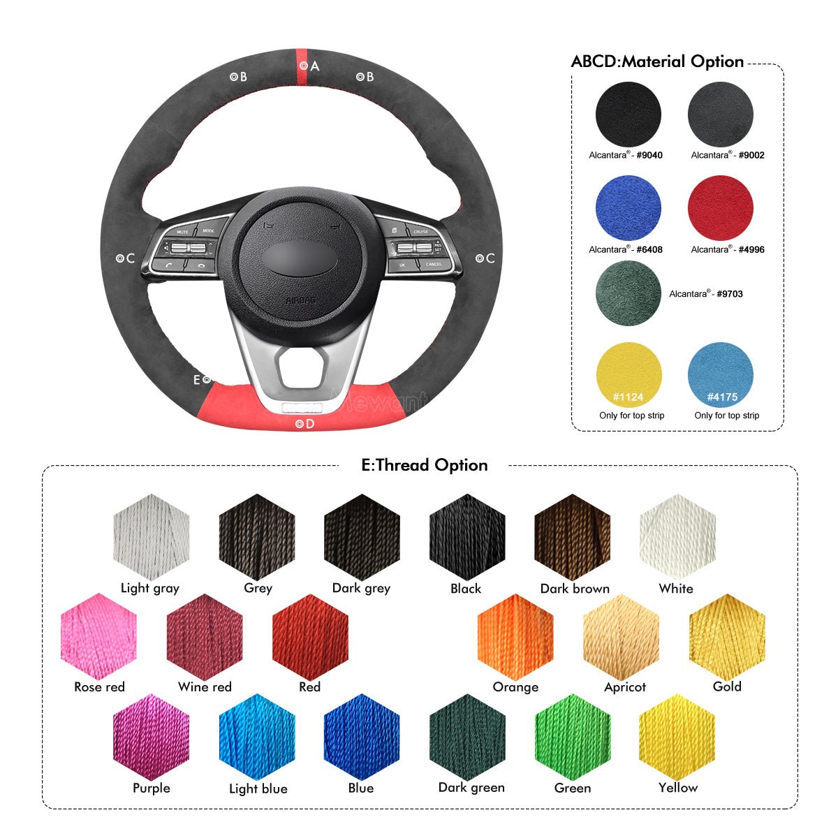 MEWANT Hand Stitch Black Leather Suede Car Steering Wheel Cover for Kia K5 Optima 2019 / Cee'd Ceed 2019 / Forte 2019 - Alcantara, Leather, Carbon Fiber, Easy Install, Non - Slip, Best Steering Wheel Cover