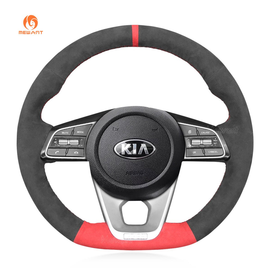 MEWANT Hand Stitch Black Leather Suede Car Steering Wheel Cover for Kia K5 Optima 2019 / Cee'd Ceed 2019 / Forte 2019 - Alcantara, Leather, Carbon Fiber, Easy Install, Non - Slip, Best Steering Wheel Cover