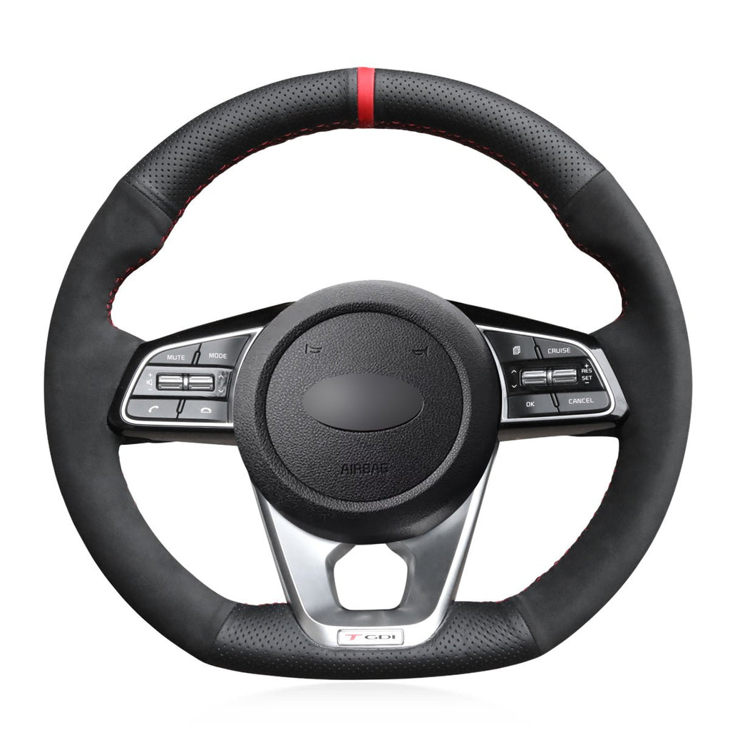 MEWANT Hand Stitch Black Leather Suede Car Steering Wheel Cover for Kia K5 Optima 2019 / Cee'd Ceed 2019 / Forte 2019 - Alcantara, Leather, Carbon Fiber, Easy Install, Non - Slip, Best Steering Wheel Cover