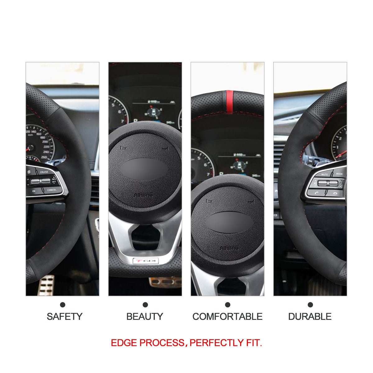 MEWANT Hand Stitch Black Leather Suede Car Steering Wheel Cover for Kia K5 Optima 2019 / Cee'd Ceed 2019 / Forte 2019 - Alcantara, Leather, Carbon Fiber, Easy Install, Non - Slip, Best Steering Wheel Cover