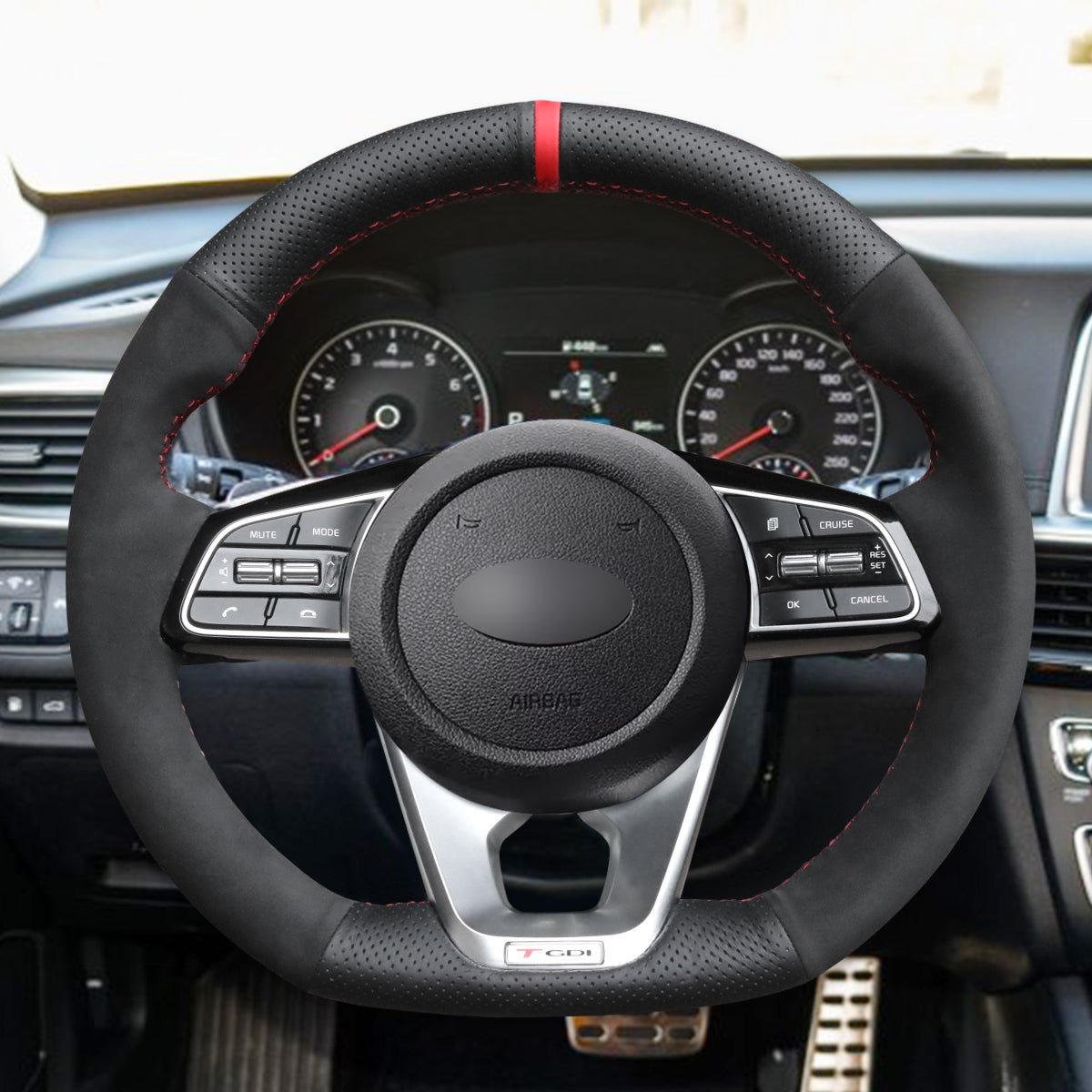 MEWANT Hand Stitch Black Leather Suede Car Steering Wheel Cover for Kia K5 Optima 2019 / Cee'd Ceed 2019 / Forte 2019 - Alcantara, Leather, Carbon Fiber, Easy Install, Non - Slip, Best Steering Wheel Cover